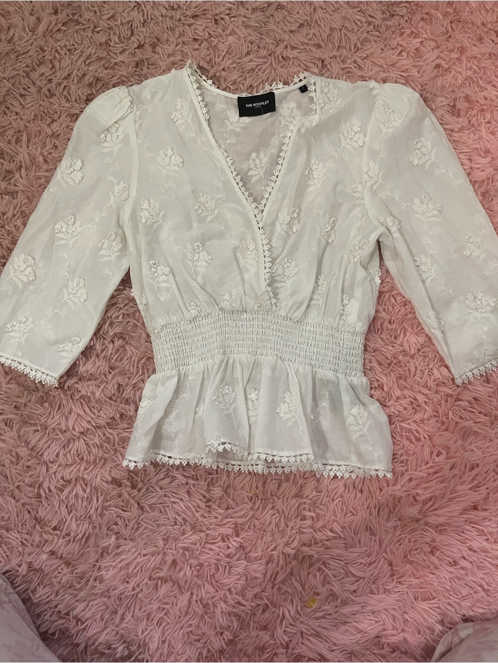 The Kooples White Embroidered Wrap Peplum Blouse Size 2 Lace Trim - Picture 2 of 6